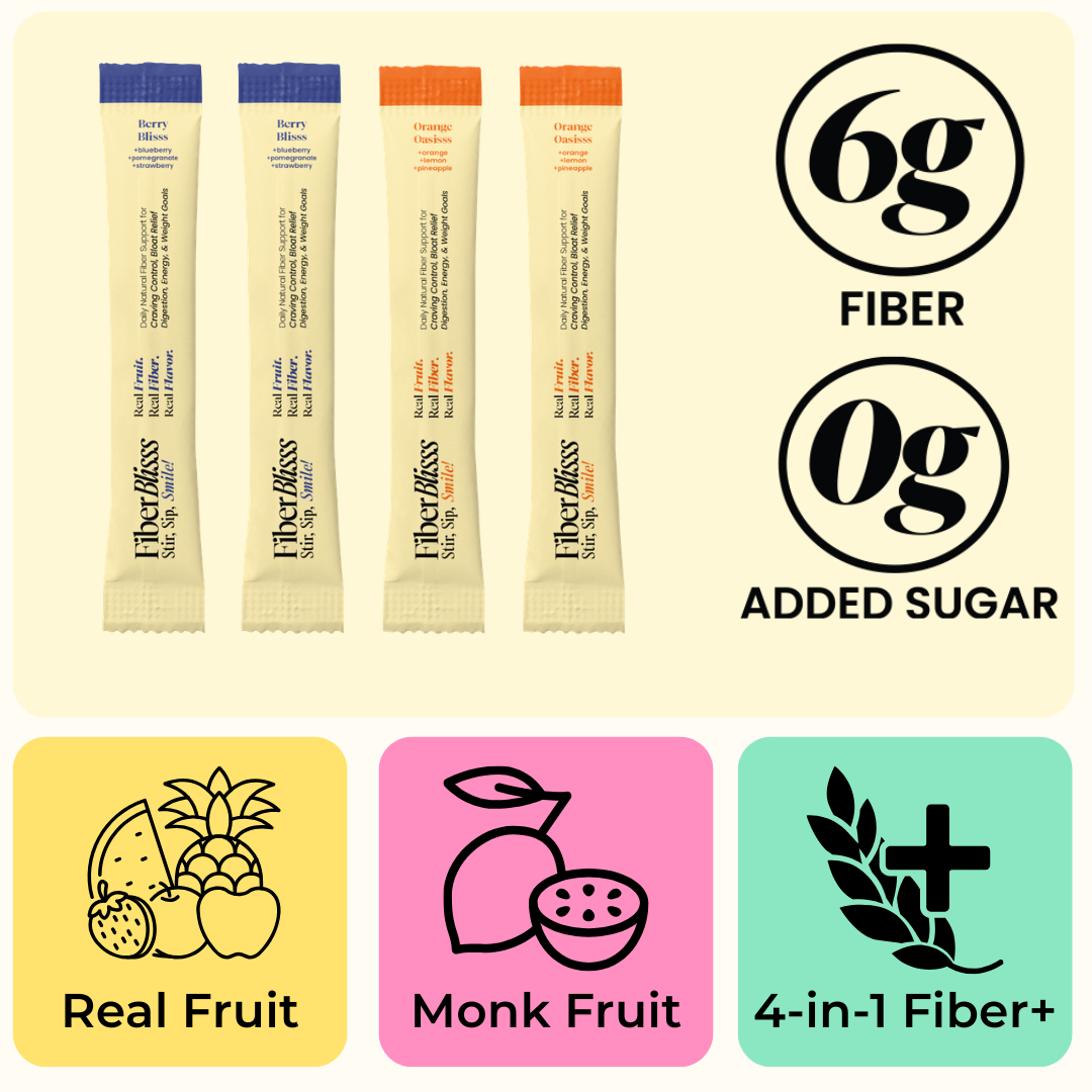 Free FiberBlisss Sample Packs | 4 Fiber+ Drink Mix Servings, Berry Blisss + Orange Oasisss